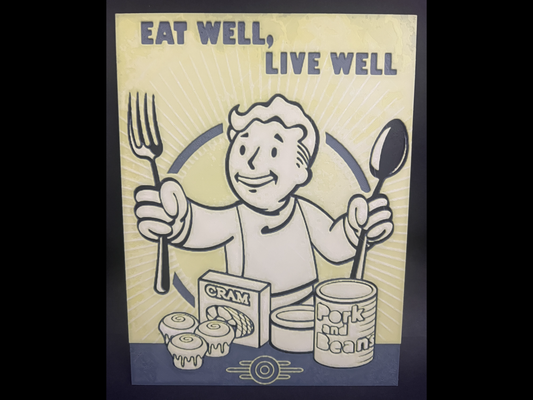 fallout - eat live vault poster by regis art 2d 4 76 2 3 game videogame logo pip-boy pipboy bethesda retro vaulttec tec sign nuka cola food cram hue forge hueforge boy wall plate rpg shelter wasteland amazon prime series 3d print model - Mito3D