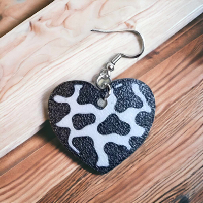 cow print heart earrings by ouijawitch3d fashion jewelry body charm love hearts pair of girl girly cute fun farm farmer market animal pendant necklace animals keychain cowprint theme ams 2 color colors 3d print model - Mito3D