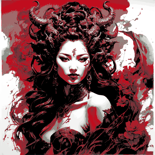 devil's daughters asian red black ink art by mclanesmemories 2d oriental devil daughter woman demon redandblack inkart hueforge 3D print model - Mito3D