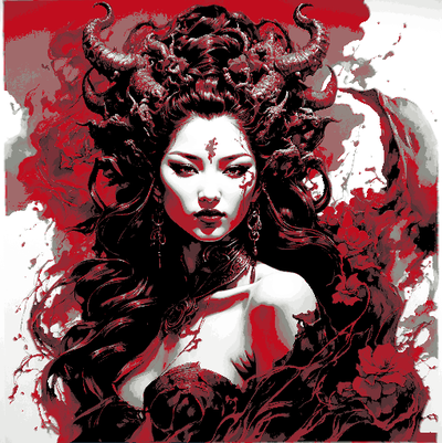 devil's daughters asian red black ink art by mclanesmemories 2d oriental devil daughter woman demon redandblack inkart hueforge 3d print model - Mito3D