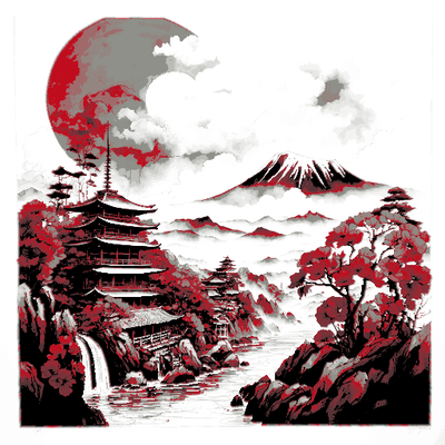 ink drawing of a beautiful temple mount fuji by mclanesmemories art 2d nature tree asian orient redonblack mountain hueforge 3d print model - Mito3D