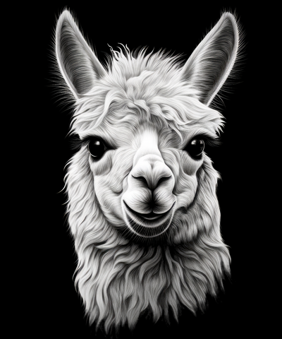 llama wall art animal face portrait hueforge design 3d photography of wilflife animals in b&w by kevingoetz generative model & lithophane wildlife alpaca lama 2dart 3dart 2d trend cute black white monochrom monochromatic decor decoration ams ready multi color colour change 3d print model - Mito3D