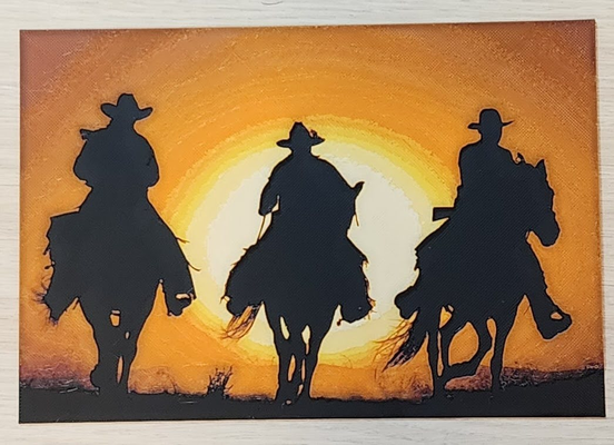 ocidental panorama cowboys 1 forja chapéus by brianstan arte 2d rancho cavalo pôr sol silhueta filamento pintura 3d print model - Mito3D