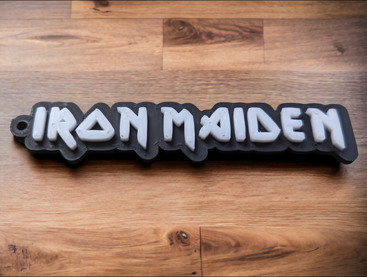 iron maiden keychain no ams needed by lilac rage art signs & logos key chain logo keyring ring metal music band 3d print model - Mito3D