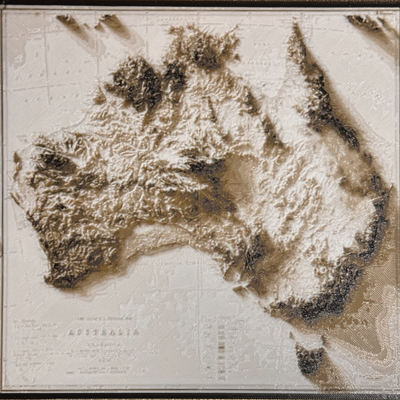 topografico carta geografica of australia fucina cappelli stampa by zucchero cianidrico arte modelli topografia realismo profondità illusione muraria parete 3d 3d print model - Mito3D