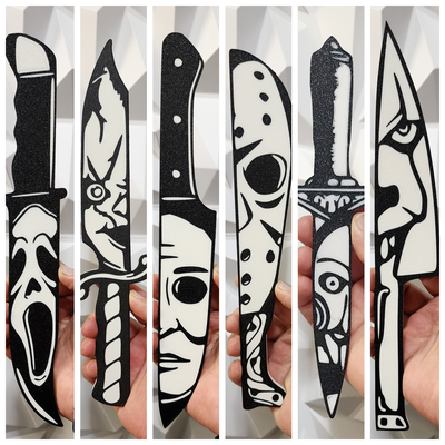 horror knife set of 6 by williams industries art 2d halloween halloweendecor halloweendecoration 2023 mike meyers chucky it pennywise scream ghost ghostface jason jigsaw nightmare on elm street freddy krueger friday 13th michael myers 3d print model - Mito3D