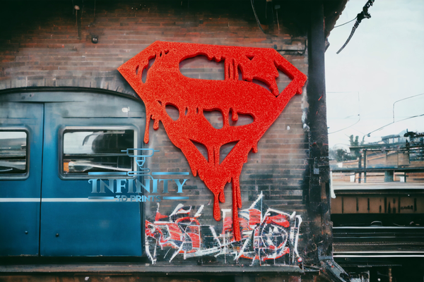 drippy superman wall logo by infinity 3d prints art signs & logos hanger marvel superhero blood sign 3d print model - Mito3D