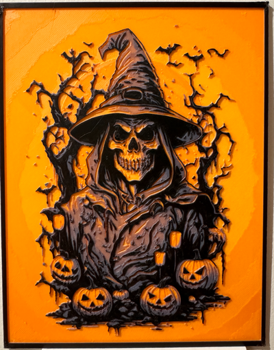 halloween scheletro strega fucina cappelli dual stampa litofania by zucchero cianidrico arte modelli pittura filamento orrore zucche arancia parete 3d print model - Mito3D