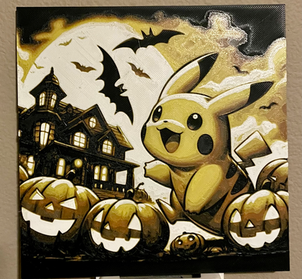 pikachu halloween - hueforge 4 color filament painting by swiger3d art 2d pokemon multi printing hue forge hueforged 2023 mansion haunted spooky 3d print model - Mito3D