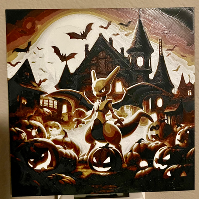 mewtwo inspired halloween - hueforge 5 colors filament painting by swiger3d art 2d pokemon mew hue forge hueforged filamentpainting wall 3d print model - Mito3D