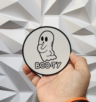 boo-ty coaster or wall art by williams industries 2d boo booty halloween tea drink coffee beer 2023 halloweendecoration decor decorations 3d print model - Mito3D