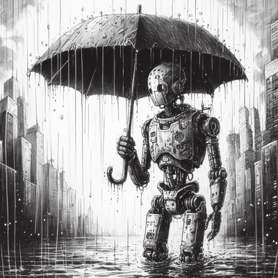 a robot in rain hueforge - 3 size options by phaseworksca art 2d sci-fi rainy scene sculpture digital raindrops home decor weather dystopian futuristic 3d wall tech noir cityscape cyberpunk artistic printing aesthetic 3d print model - Mito3D
