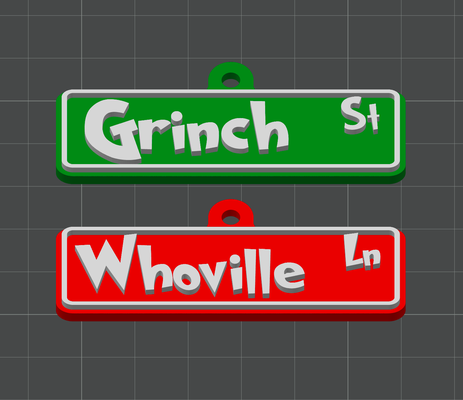 grinch street sign ornaments - whoville ornament color swap at layer height no ams needed by lilac rage household festivities holiday christmas grich who-ville dr seuss suess xmas x-mas bauble decor decoration holidays st ln lane signs traffic navidad natal natale noel 3d print model - Mito3D