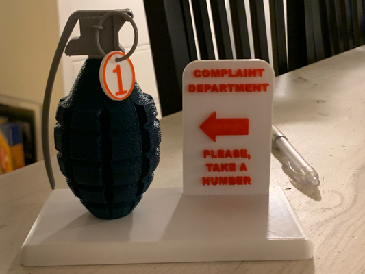 complaint sign toy grenade remixed by 3dray toys & games fun joke decoration complain dept number 3d print model - Mito3D