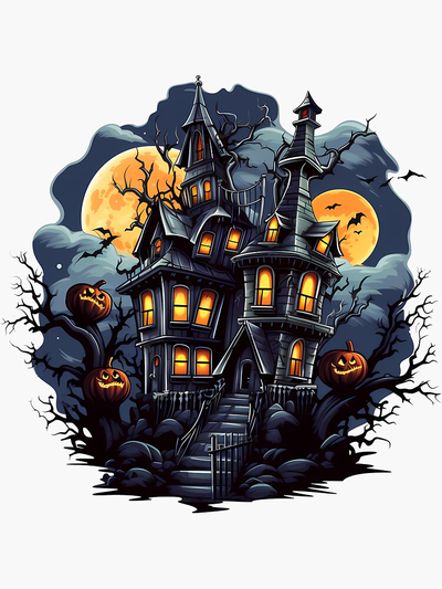 halloween haunted house - 4 color hueforge by maut3d art 2d 2023 bat decor filament painting multicolor multi mmu ams scary moon pumpkin stairs tree seasonal 3d print model - Mito3D