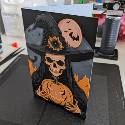 halloween skeletal witch card - hueforge by lordboos household festivities ams mmu filamentpainting moon pumpkin bat skeleton 3d print model - Mito3D