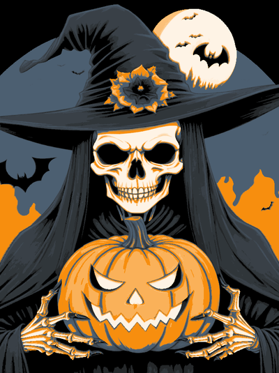 halloween skeletal witch filament painting - hueforge by lordboos art models skeleton pumpkin filamentpainting moon bat ams mmu color 3d print model - Mito3D