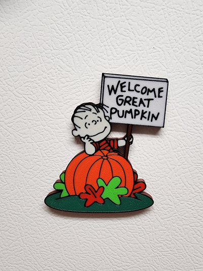 linus's great pumpkin sign magnet by slurpeemachine household decor charlie brown halloween peanuts snoopy jack-o'-lantern spooky patch linus 3d print model - Mito3D
