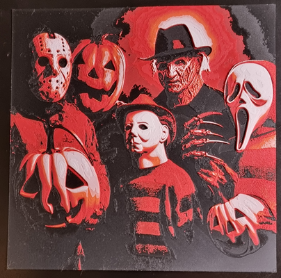 slasher's halloween party by ochiburi household festivities 2023 movies horror film mashup ai art hueforge 3d print model - Mito3D