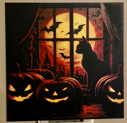 halloween cat at window - hueforge 4 color filament painting by swiger3d art 2d 2023 blackcat hue forge hueforged filamentpainting paint spooky wall multi printing 3d print model - Mito3D