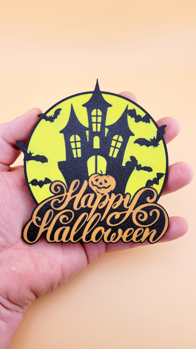 happy halloween coaster by deepsouth3dprints art 2d hallowen witch pumkin bat haunted house castle hauntedhouse drink 3d print model - Mito3D