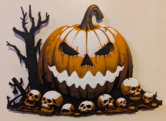 scary halloween pumpkin filament painting - hueforge by topik at printhoodcz art 2d spooky ams trees mmu color skull decoration holiday 3d print model - Mito3D