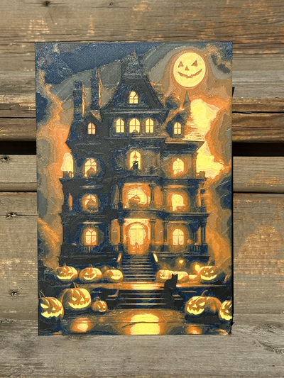 spooky mansion hueforge by hlrcreations art 2d halloween 2023 haunted ams pumpkin moon filament painting multi color p1p p1s x1c 3d print model - Mito3D