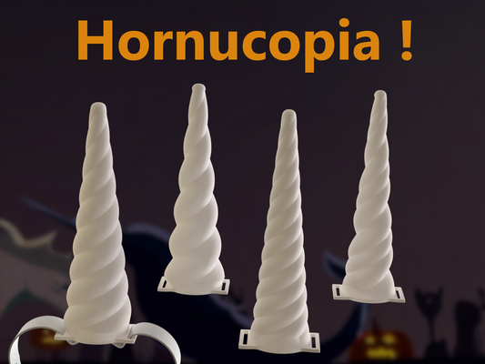 hornucopia parametric unicorn narwhal horns halloween or parties by adam l household festivities party fun flexible baby strap horn elastic 3d print model - Mito3D
