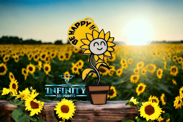 be happy keychain-rearview mirror decoration by infinity 3d prints art signs & logos sign keychain rearview sunflower sun bright field 3d print model - Mito3D