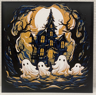 halloween ghost mansion - 4 color hueforge filament painting by shakastudio art 2d spooky multicolor mmu ams 3d print model - Mito3D