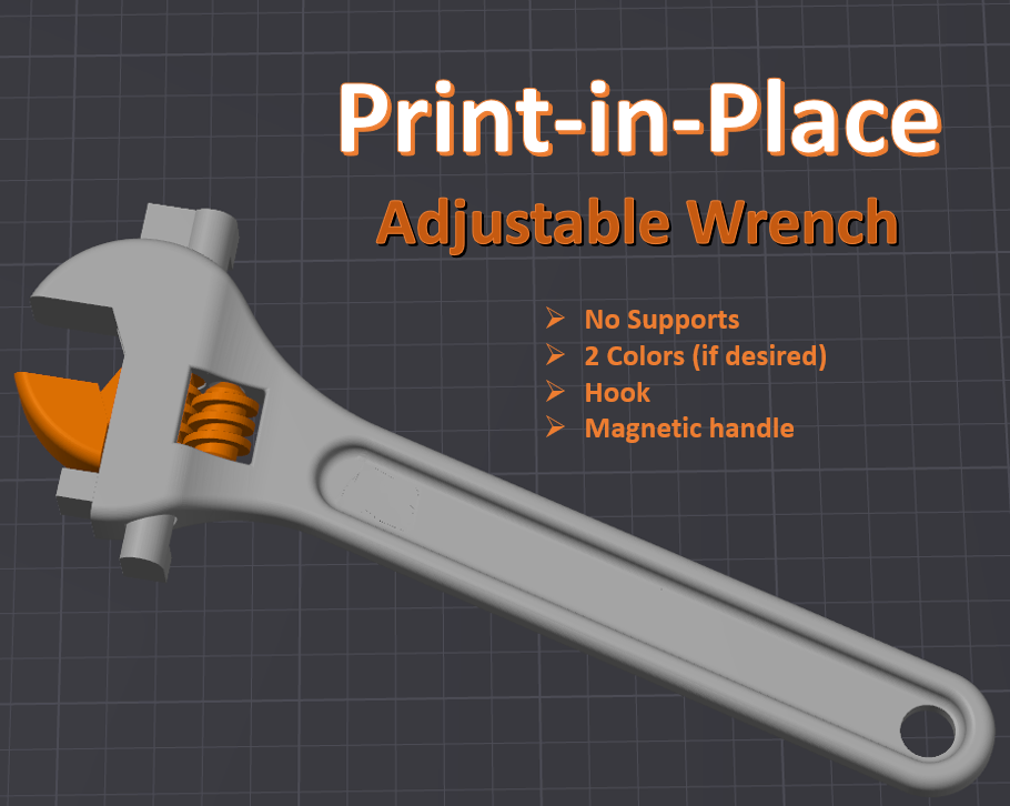 print in place ajustable clé remixé by diggle outils main impression endroit aimant croissant remix 3D print model - Mito3D