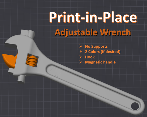 print-in-place adjustable wrench remixed by diggle tools hand print in place spanner magnet crescent remix 3d print model - Mito3D
