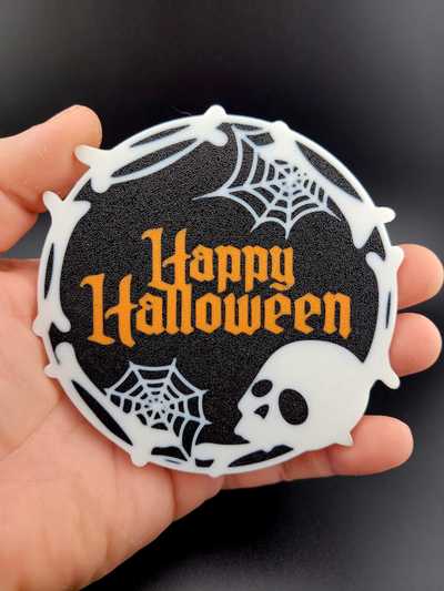 happy halloween skull bones coaster by deepsouth3dprints 2023 spider spiderweb multi color printing scary spooky party drink 3d print model - Mito3D