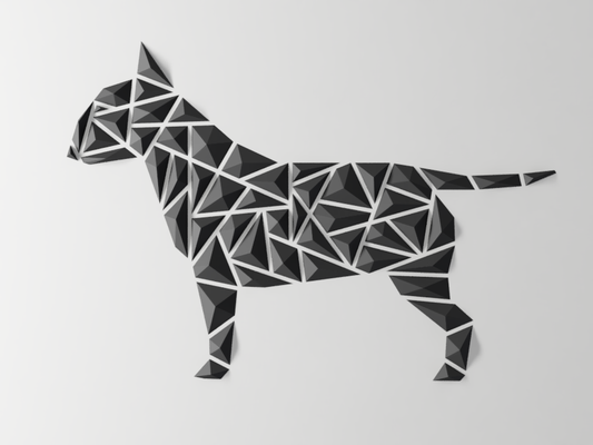 geometric dog wall art - bull terrier style by dgemily decoration lowpoly triangle animal decor geometry sculpture wallmount home wallmounted 2dart homedecor wallart bullterrier lowpolygon 2dwallart 3d print model - Mito3D