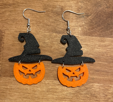 halloween earrings - pumpkin witch by three dimensions 2023 hat earring 3d print model - Mito3D