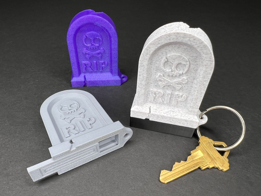 rip gravestone keychain hidden chamber by designcraft headstone key chain keyring halloween gamer gaming spooky skull crossbones jollyroger jolly roger stash rest in peace 3d print model - Mito3D