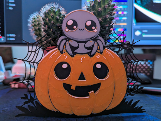pumpkin cute spider filament painting - hueforge by topik at printhoodcz halloween 2023 halloweenart ams hueforged mmu color decoration holiday kawaii swap 3d print model - Mito3D