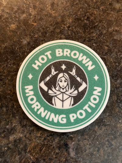 hot brown morning potion coaster by mikecoscia dragon prince coffee logo starbucks sign 3d print model - Mito3D