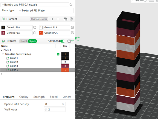 4 color transition tower by brendanmbone ams calibrate calibration purge poop reduce waste 3d print model - Mito3D