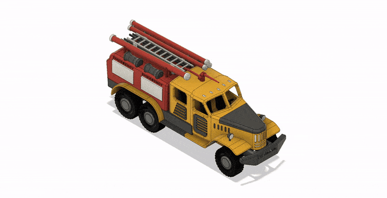 sarı ateş kamyon hareket by siyah kriko araba eski otomotiv acil durum şeytani itfaiye kamyonu 3d print model - Mito3D