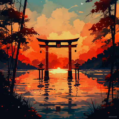 a japanesetorii at sunset - hueforge by archork ams hueforged japanese multicolor art panorama 3d print model - Mito3D