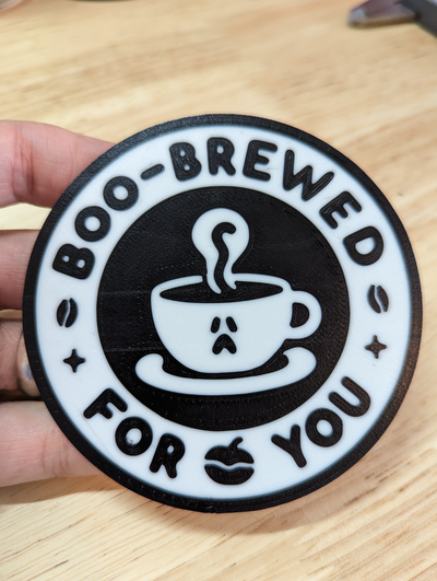 boo-brewed by d-louie designs halloween coffee coaster 2d art wall decoration spooky 3d print model - Mito3D