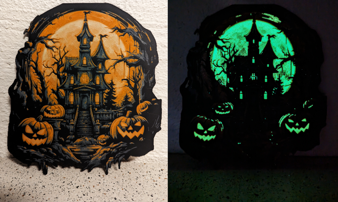 haunted mansion - glow in dark filament painting hueforge by sniken halloween pumpkin ghost luminous ams mmu multi color 3d print model - Mito3D