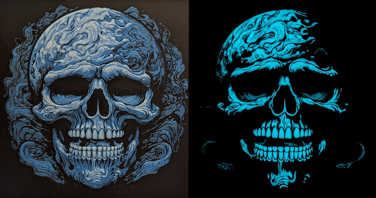 smoky skull glow in dark - filament painting hueforge by sniken design smoke blue waves halloween ams color mmu 3d print model - Mito3D