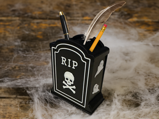 tombstone rip skull bones grave pen or brush holder decorating desk on halloween by kopp3d household decor tomb gravestone writing accessories container decoration 3d print model - Mito3D