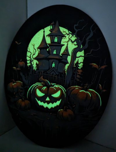 haunted mansion glow in dark - filament painting hueforge by sniken art 2d pumpkin moon castle halloween spooky scary p1s four color 3d print model - Mito3D
