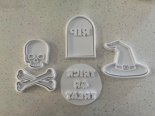 halloween cookie cutters stamps by bean eating cookies hobby & diy cutter debosser stamp 2023 art halloweencookie halloweencookiecutter halloweencookies halloweencookiecutters skull bones crossbones witch hat witchhat wookie trick or treat r trickortreat ghost tombstone tombstones 3d print model - Mito3D