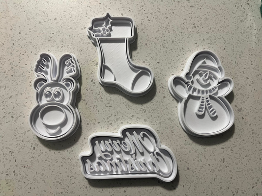 christmas cookie cutter stamps by bean eating cookies hobby & diy cutters debosser stamp 2023 christmascookie christmascookiecutter snowman stocking reindeer reindeerchristmas merry x-mas merrychristmas 3d print model - Mito3D