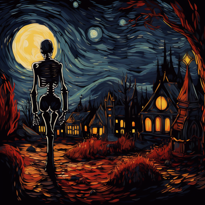 skeleton in a starry night - van gogh style hueforge by archork art signs & logos star halloween 2023 halloweenart ams multicolor hueforged 3d print model - Mito3D