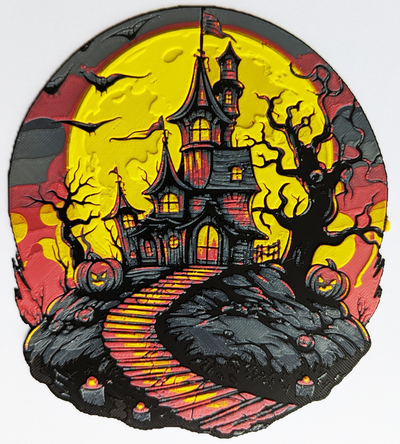 haunted house - hueforge by sniken art 2d halloween pumpkin mansion hill yellow red tree moon spooky scary filamentpainting 3d print model - Mito3D